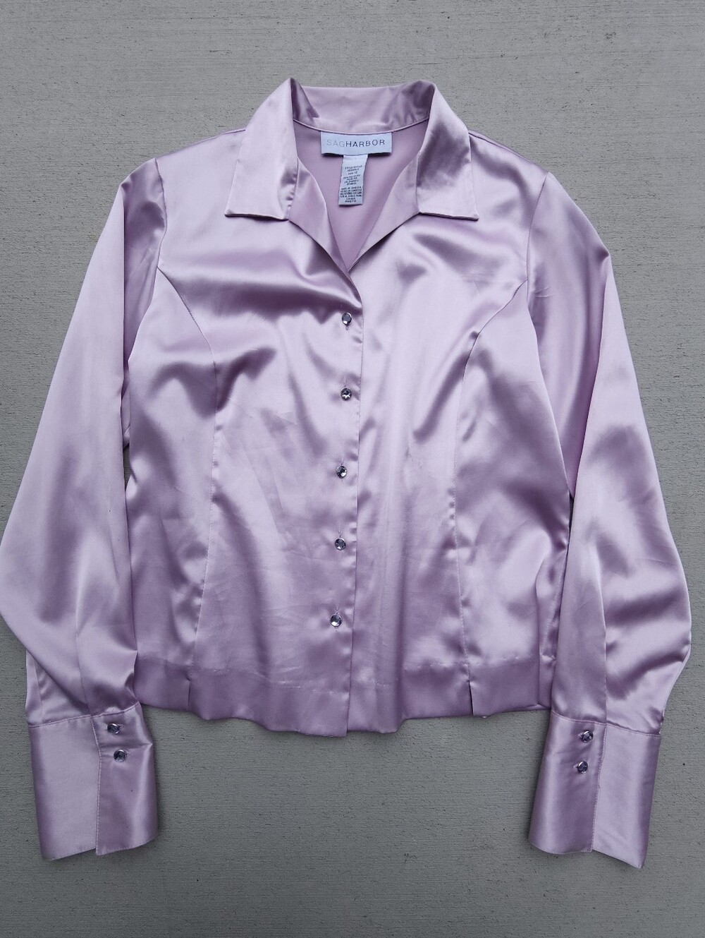 Vintage Sag Harbor  Size 12 Lilac Purple/Pink Satin Rhineztone Buttons Blouse